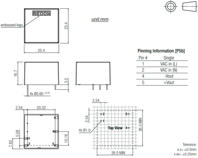 Mechanical Drawing - RECOM Power RACM06E-K/277 AC/DC Power Supplies